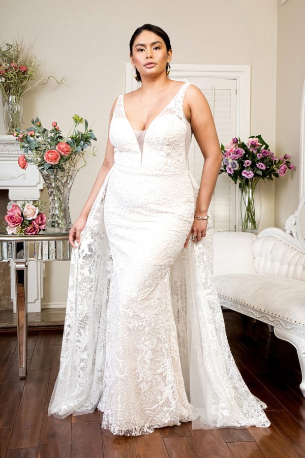 GL1903 Elizabeth K Illusion V-Neck Sheer Side and Back Mermaid Wedding Gown w/ Detachable Mesh Layer - Image 2