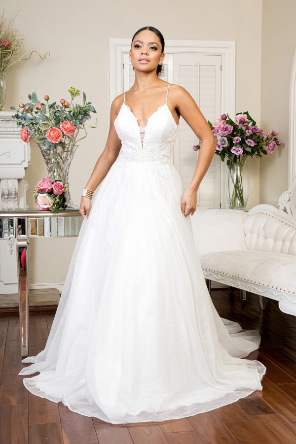 GL1904 Elizabeth K Embroidered Bodice Sweet hearted Glitter Mesh Wedding Gown