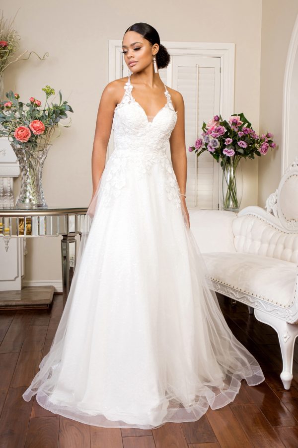 GL1916 Elizabeth K V-Neck Floral Embroidery Sequin Mesh Wedding Gown w/ Lace Up Back