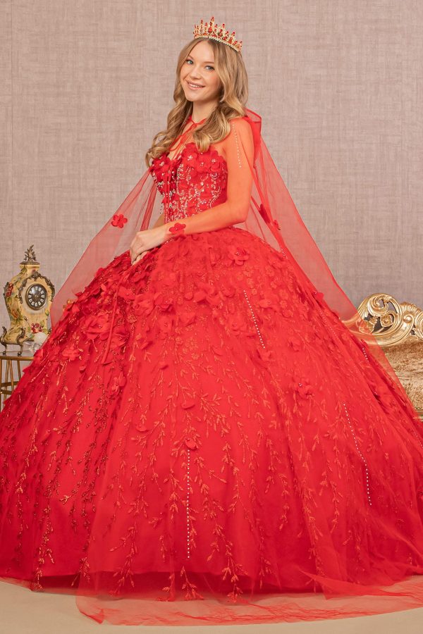 GL1939 Elizabeth K Sweetheart Neckline Beads and Jewel Embellished Bodice Quinceanera Dress w/ Mesh Cape