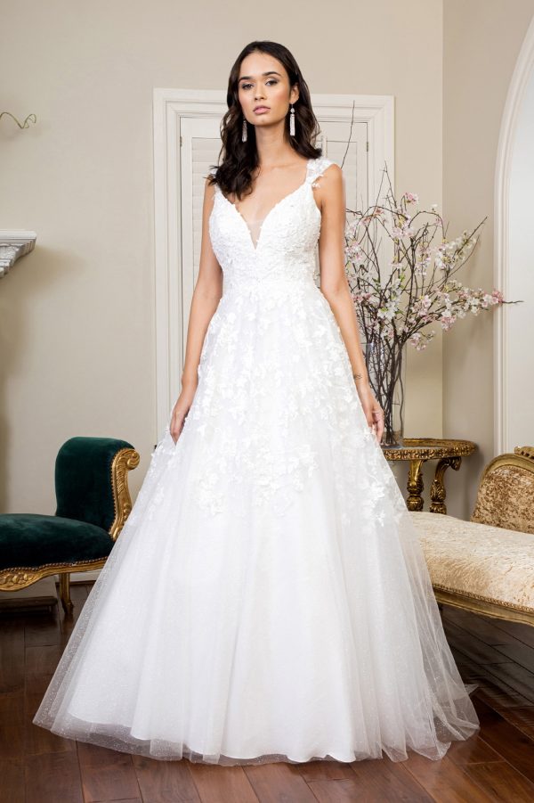 GL1950 Elizabeth K 3D Floral Embroidery Cap Sleeve V-Neck Glitter Mesh Wedding Gown