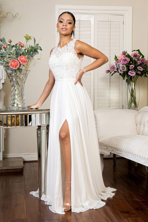 GL1952 Elizabeth K Embroidered Bodice Chiffon Long Dress w/ Sheer Back