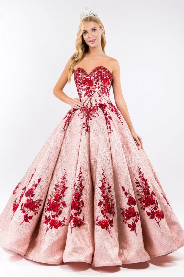 GL1957 Elizabeth K Beads Embellished Neckline Full Glitter Mesh Quinceanera Dress
