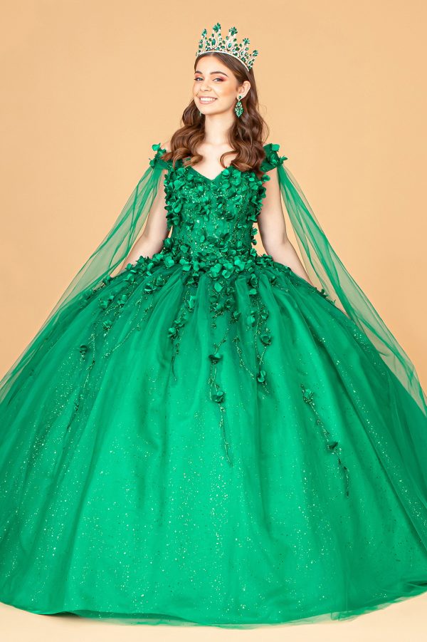 GL1974 Elizabeth K 3D Floral Applique Glitter Mesh Quinceanera Dress w/ Detachable Cape Sleeve - Image 7