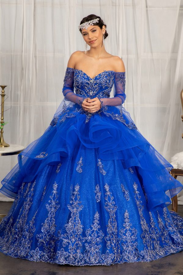 GL1976 Elizabeth K Sweetheart Cut-Away Shoulder Quinceanera Dress w/ Mesh Long Sleeves - Image 5
