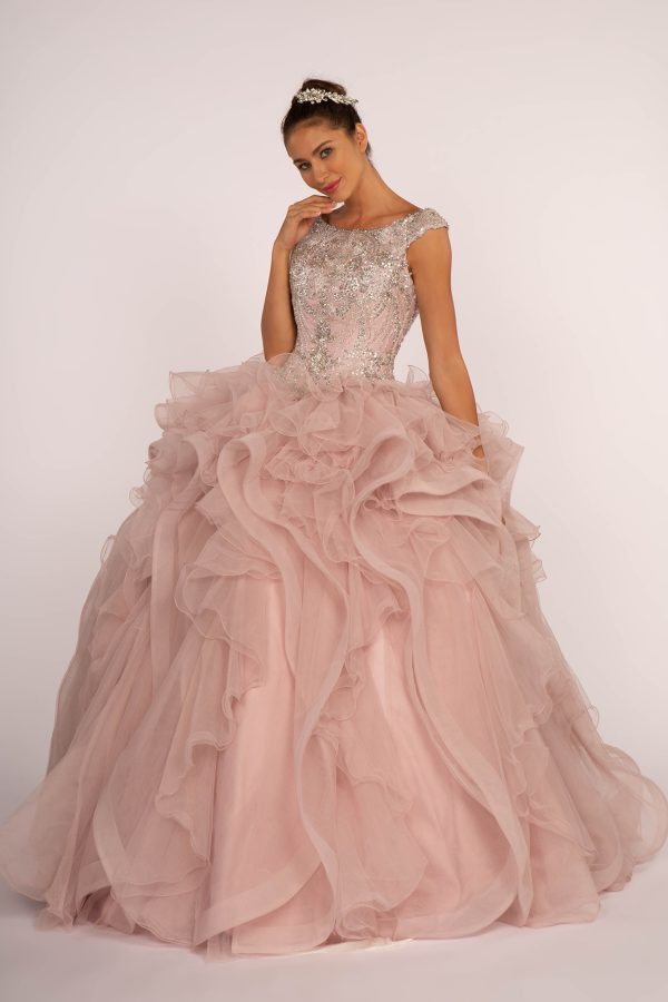 GL2514 Elizabeth K Beads and Sequin Embellished Bodice Boat Neck Ball Gown