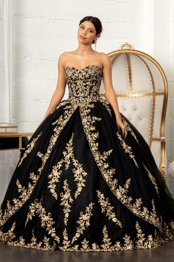 GL3016 Elizabeth K Jewel Embellished Tull Quinceanera Ball Gown w/ Embroidered Mesh Cape