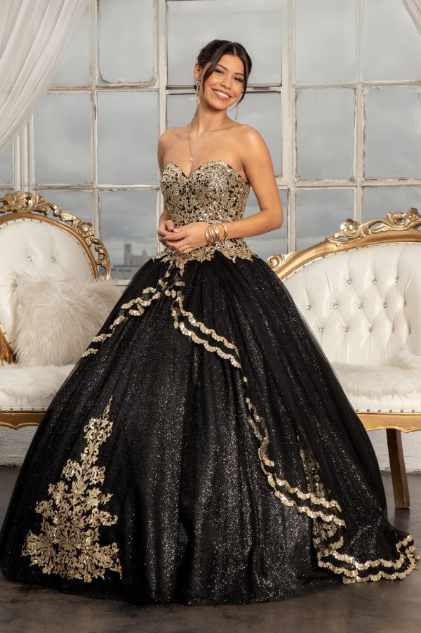 GL3022 Elizabeth K Glitter Embellished Mesh Quinceanera Ball Gown w/ Sweetheart Neckline (Petticoat Included)