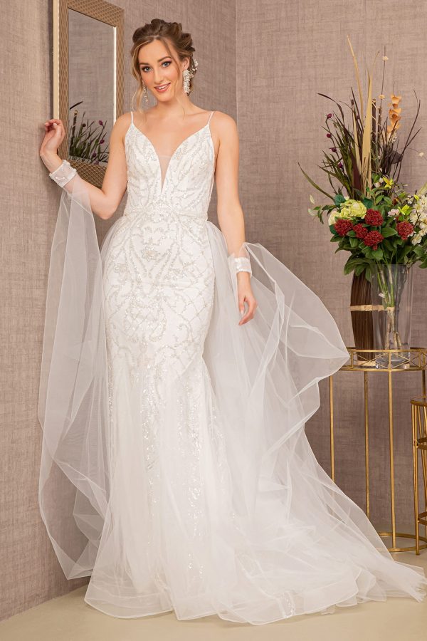 Jewel Bead Wedding Dress Detachable Waist Long Mesh Layer  #GL3157 GLS