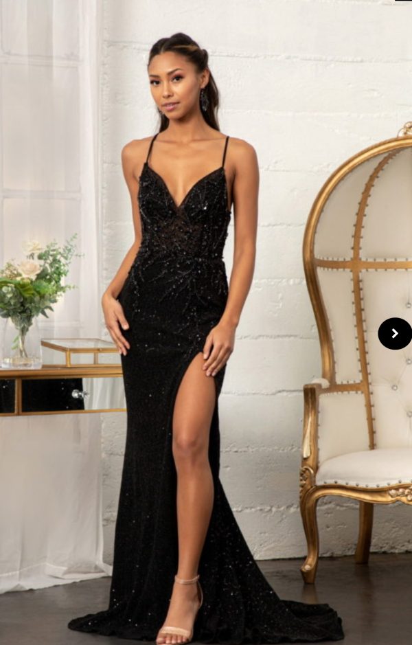 Sheer Bodice Sleeveless V-Neck Sequin Prom Dress w/ Leg Slit - Image 5
