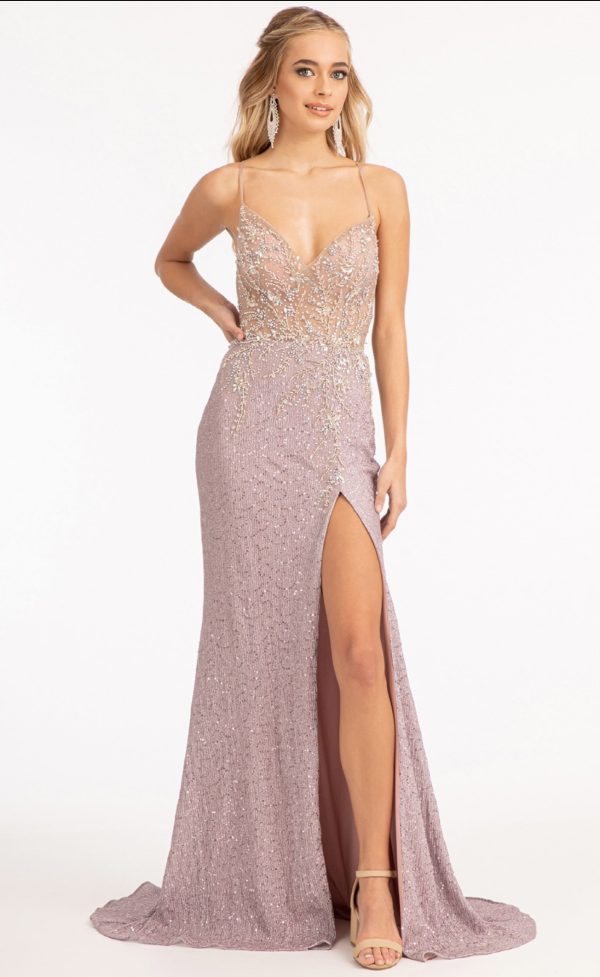 Sheer Bodice Sleeveless V-Neck Sequin Prom Dress w/ Leg Slit - Image 7
