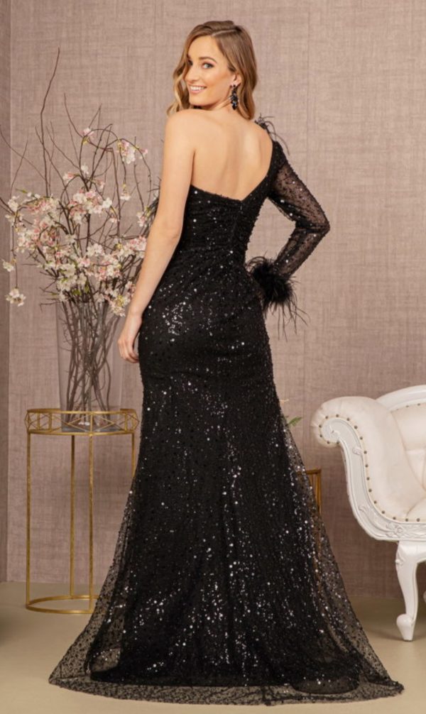 Ruched Bodice Mesh Mermaid Dress w/ One Long Mesh Sleeve - Image 3