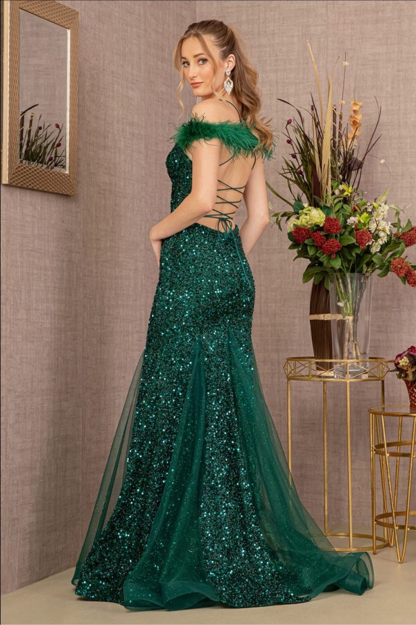Sheer Bodice Sequin Glitter Trumpet Dress w/ Feather on Straps - Image 4
