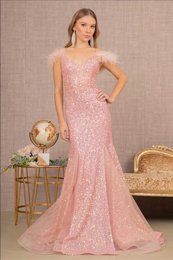 Sheer Bodice Sequin Glitter Trumpet Dress w/ Feather on Straps - Image 5
