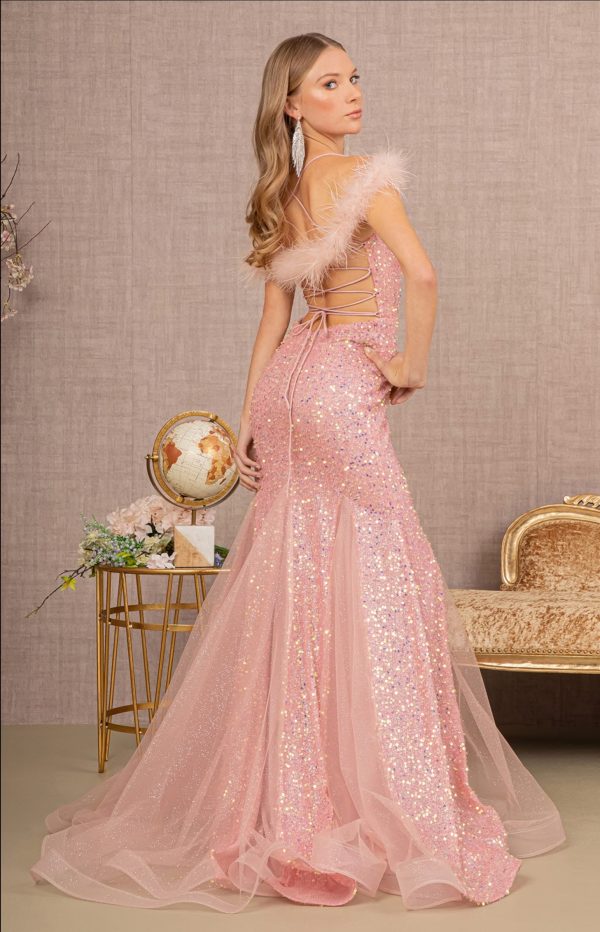 Sheer Bodice Sequin Glitter Trumpet Dress w/ Feather on Straps - Image 7