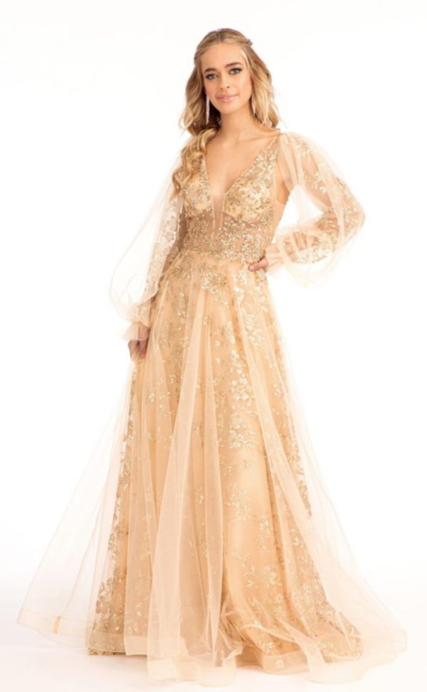 Sheer Bodice Sequin and Glitter Embellished A-Line Prom Dress