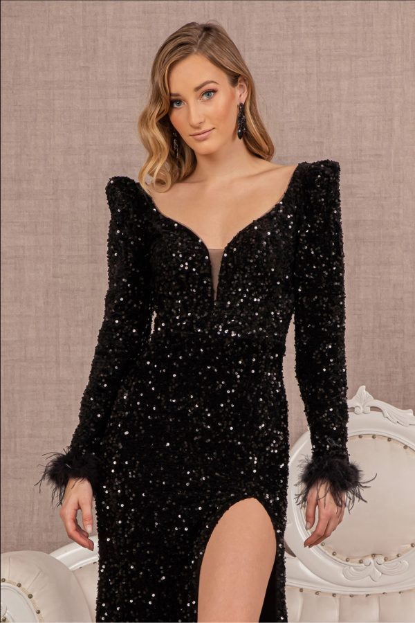 Puff Shoulder 3/4 Sleeves Feather Velvet Mermaid Dress - Image 5