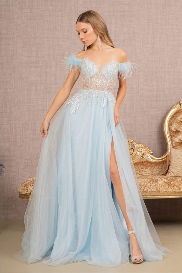 Feather Straps Sheer Bodice Glitter Sequin Mesh A-line Dress