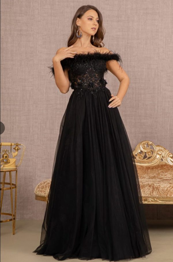 Embroidery Sheer Front Mesh A-line Dress w/ Feather Embellishment - Image 2