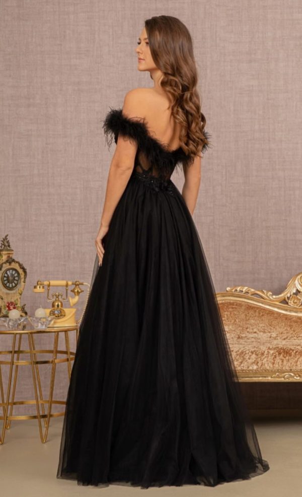 Embroidery Sheer Front Mesh A-line Dress w/ Feather Embellishment - Image 3