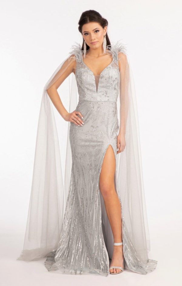 Feather-Shoulder Embellished Glitter Mermaid Dress w/ Mesh Layer Drape