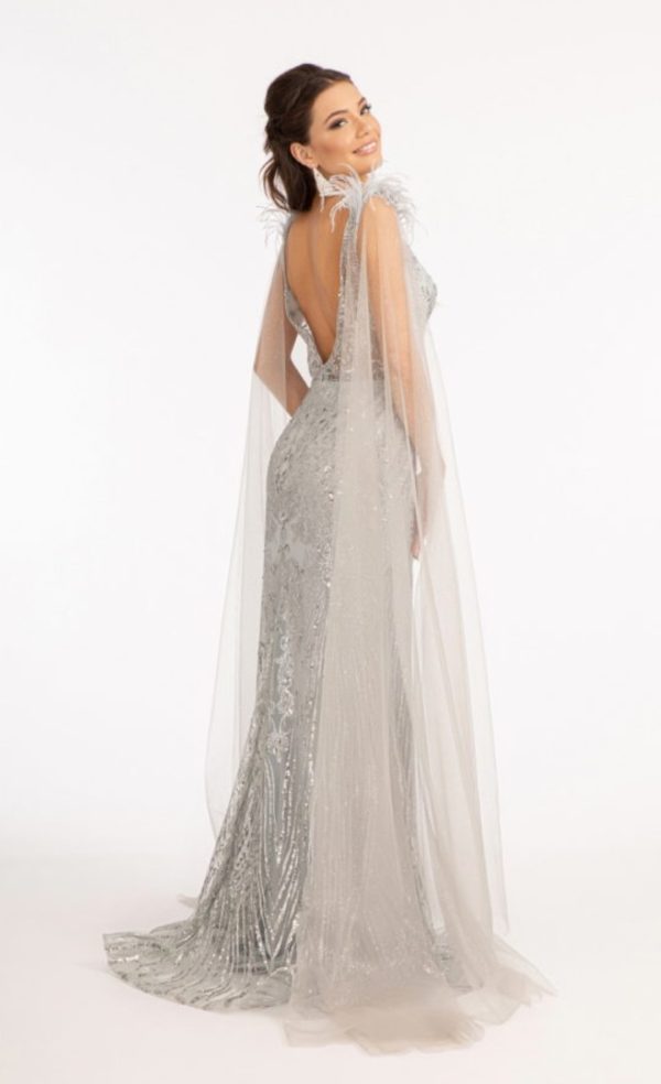 Feather-Shoulder Embellished Glitter Mermaid Dress w/ Mesh Layer Drape - Image 7