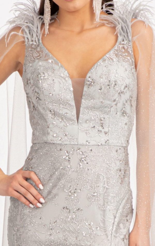 Feather-Shoulder Embellished Glitter Mermaid Dress w/ Mesh Layer Drape - Image 6