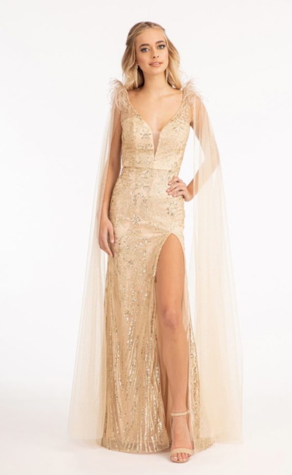 Feather-Shoulder Embellished Glitter Mermaid Dress w/ Mesh Layer Drape - Image 5
