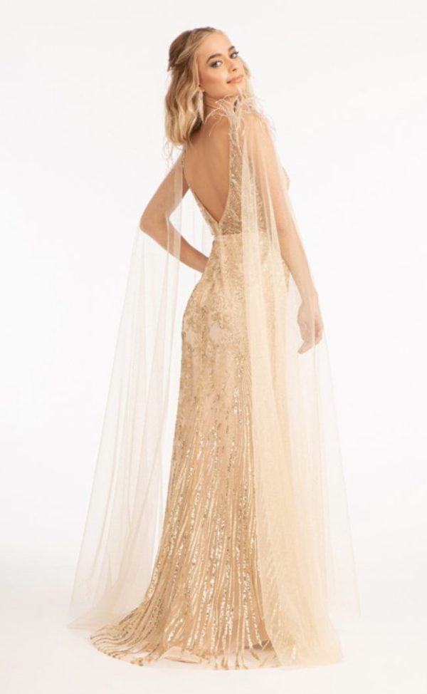 Feather-Shoulder Embellished Glitter Mermaid Dress w/ Mesh Layer Drape - Image 4
