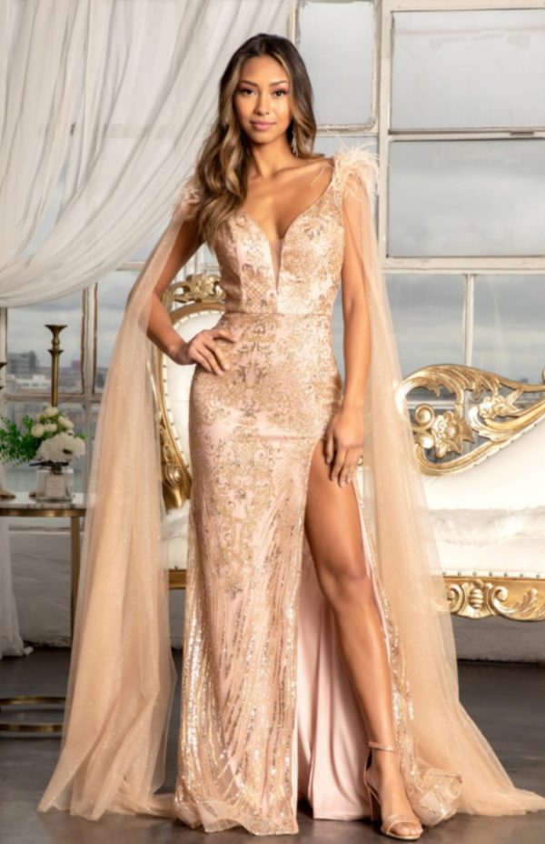 Feather-Shoulder Embellished Glitter Mermaid Dress w/ Mesh Layer Drape - Image 2