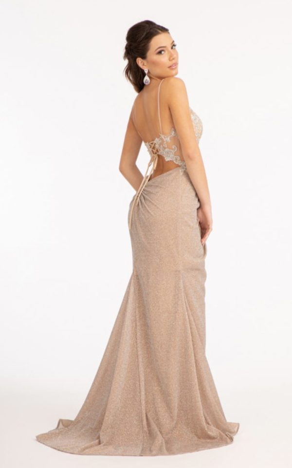 Sequin Embroidered Glitter Crepe Mermaid Dress w/ Cut-out Back and Slit - Image 7