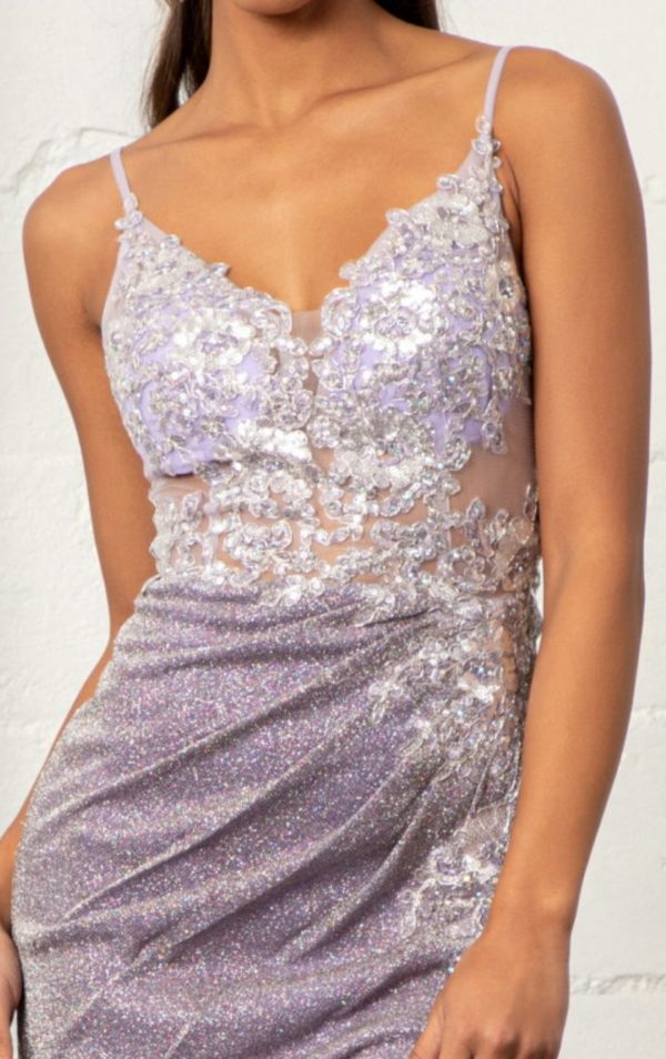 Sequin Embroidered Glitter Crepe Mermaid Dress w/ Cut-out Back and Slit - Image 2