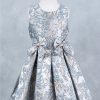Dusty Blue Sleeveless Jackard Dress With Ribbon