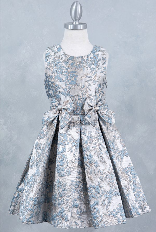 Dusty Blue Sleeveless Jackard Dress With Ribbon