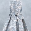 Dusty Blue Sleeveless Jackard Dress With Ribbon - Image 3