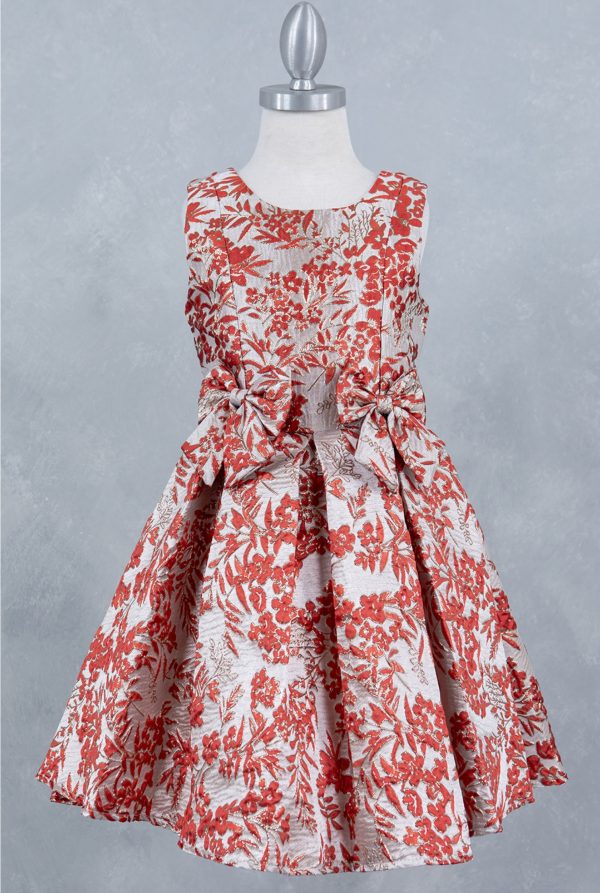 Burgundy Sleeveless Jackard Dress With Ribbon