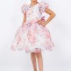 Peach Big Puff Sleeve Print Dress - Image 2
