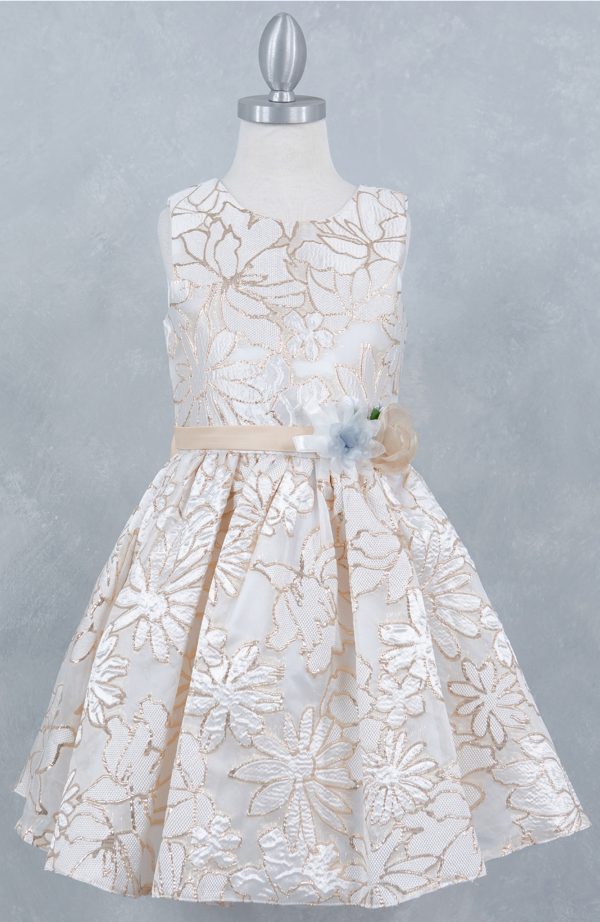 Champagne Sleeveless Jackard Dress With Flower